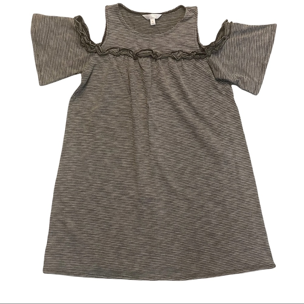 LAUREN CONRAD Cold Shoulder Tan and Black Checkered Stretch Baby Doll Mini Dress